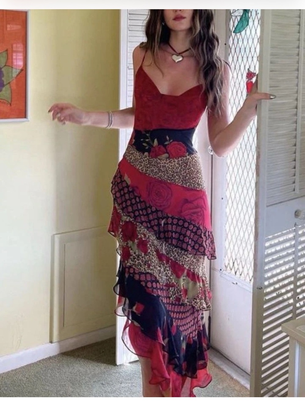Victoria's Secret vintage 2002 Red & Black Floral Patchwork High-Low Dress(Rare)